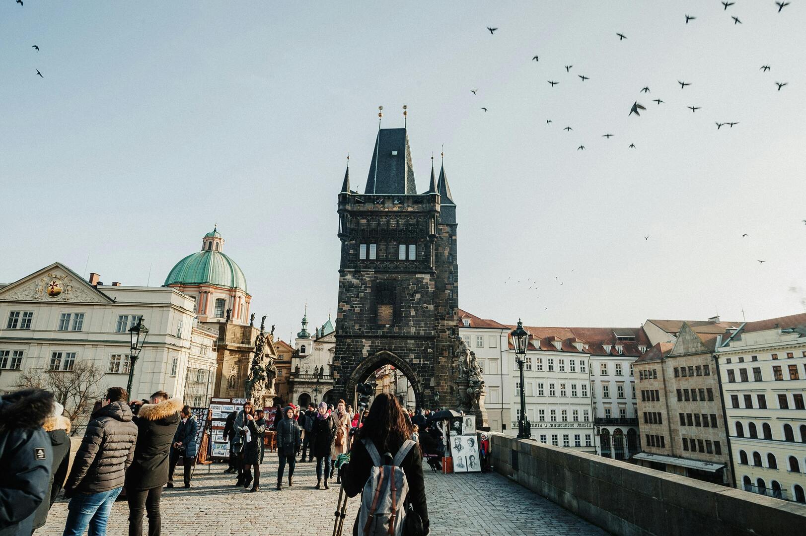 View from Old Town Bridge Tower across Charles Bridge in spring light