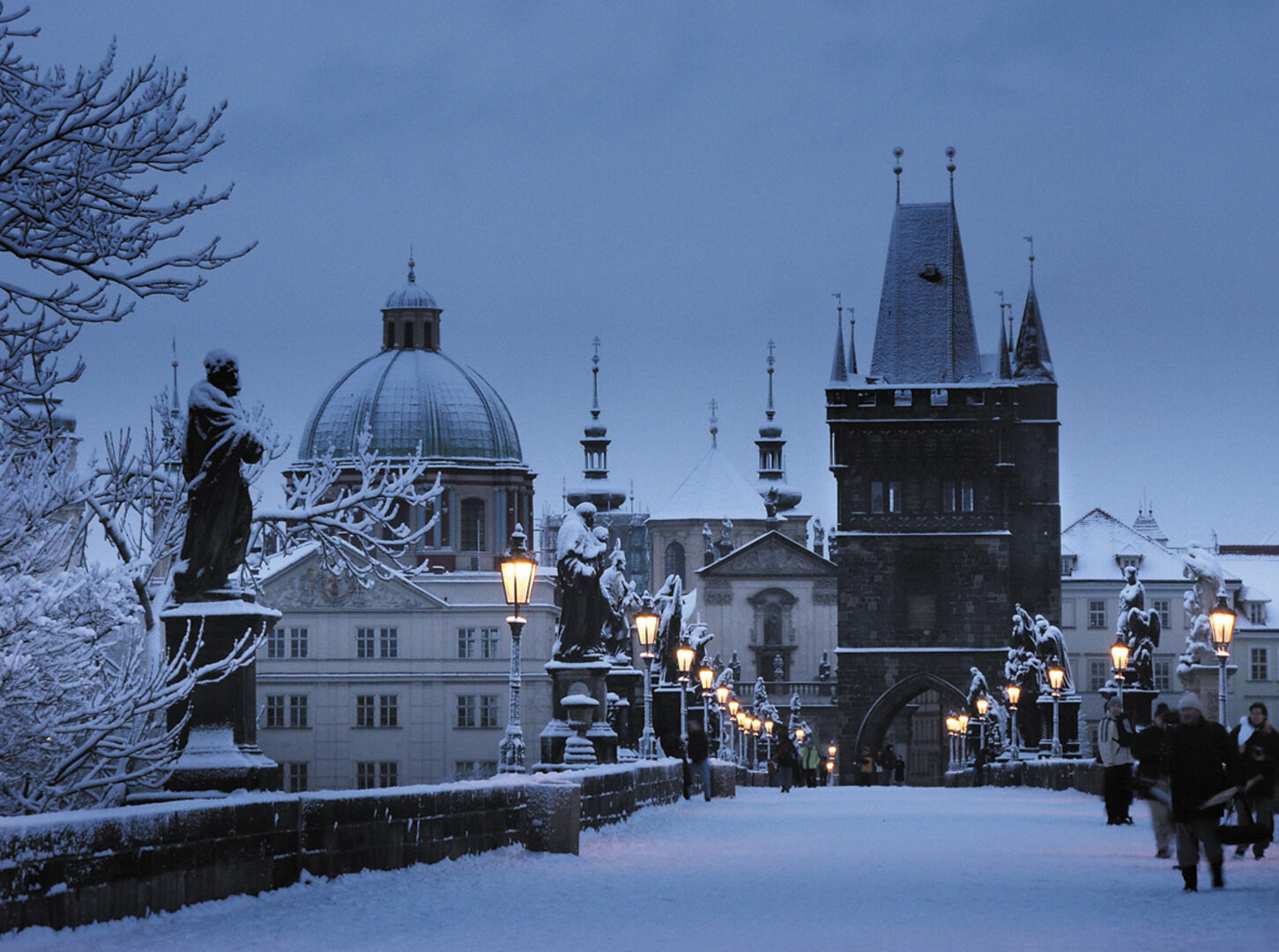 Charles Bridge on a winter evening in Prague