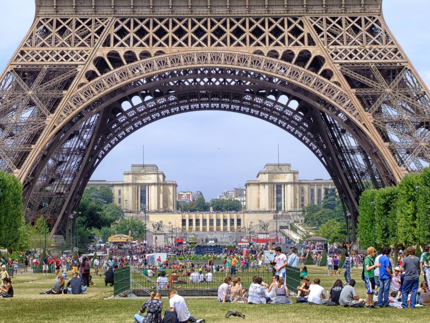Eiffel Tower rising above Paris under clear spring skies