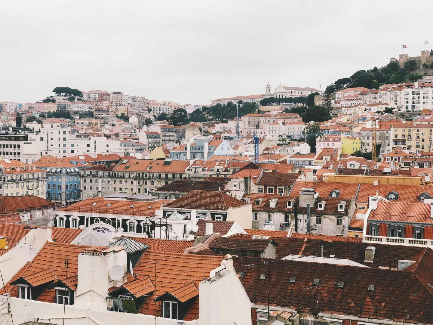 Castelo de São Jorge ramparts with panoramic view of Lisbon's red rooftops