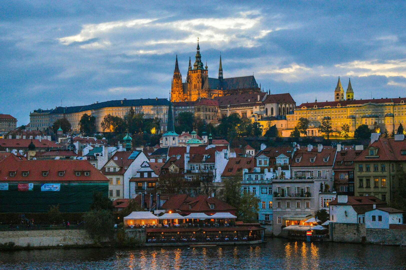 Prague Castle above the Vltava River under clear April spring light