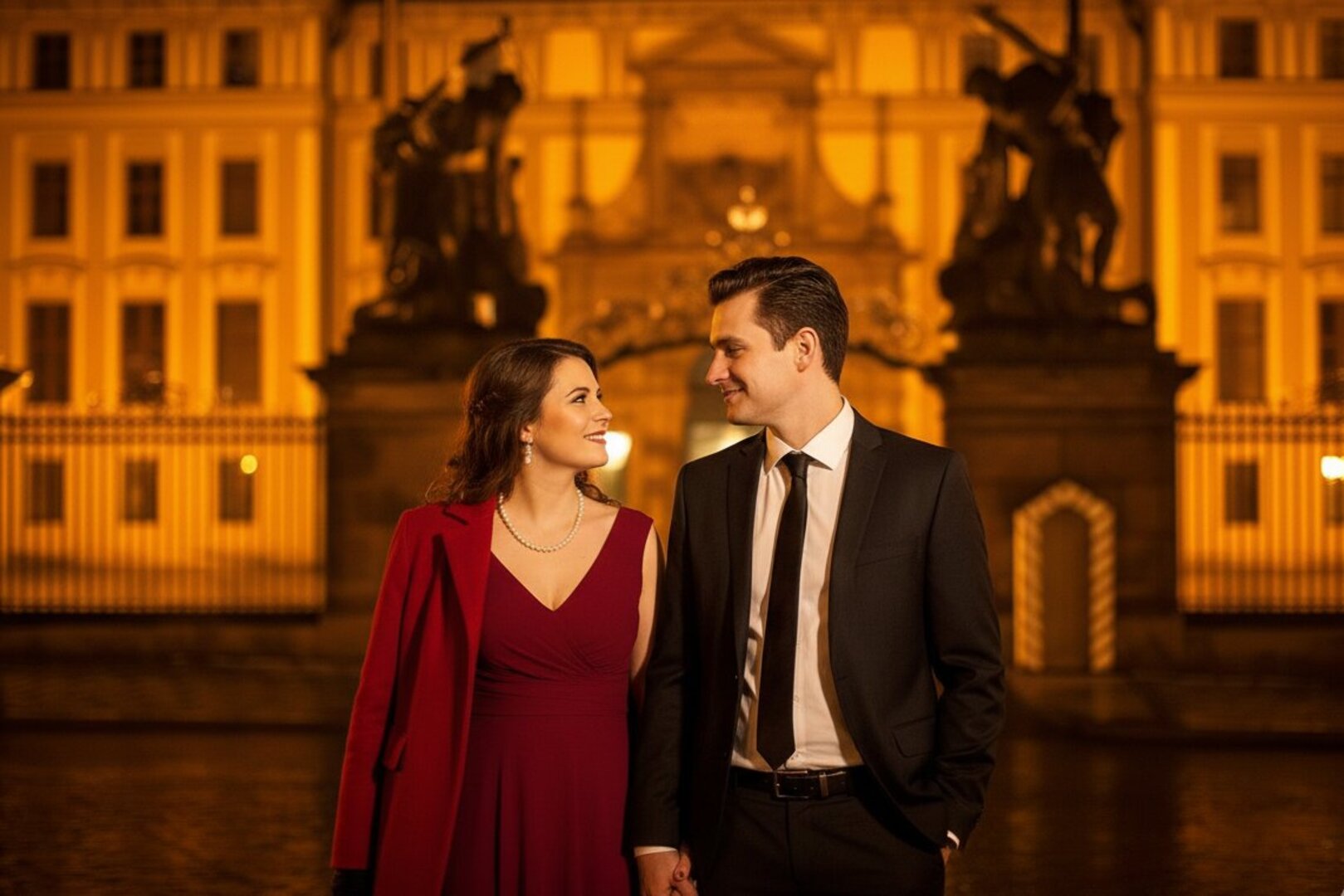 Couple in front Prague Castle Gate