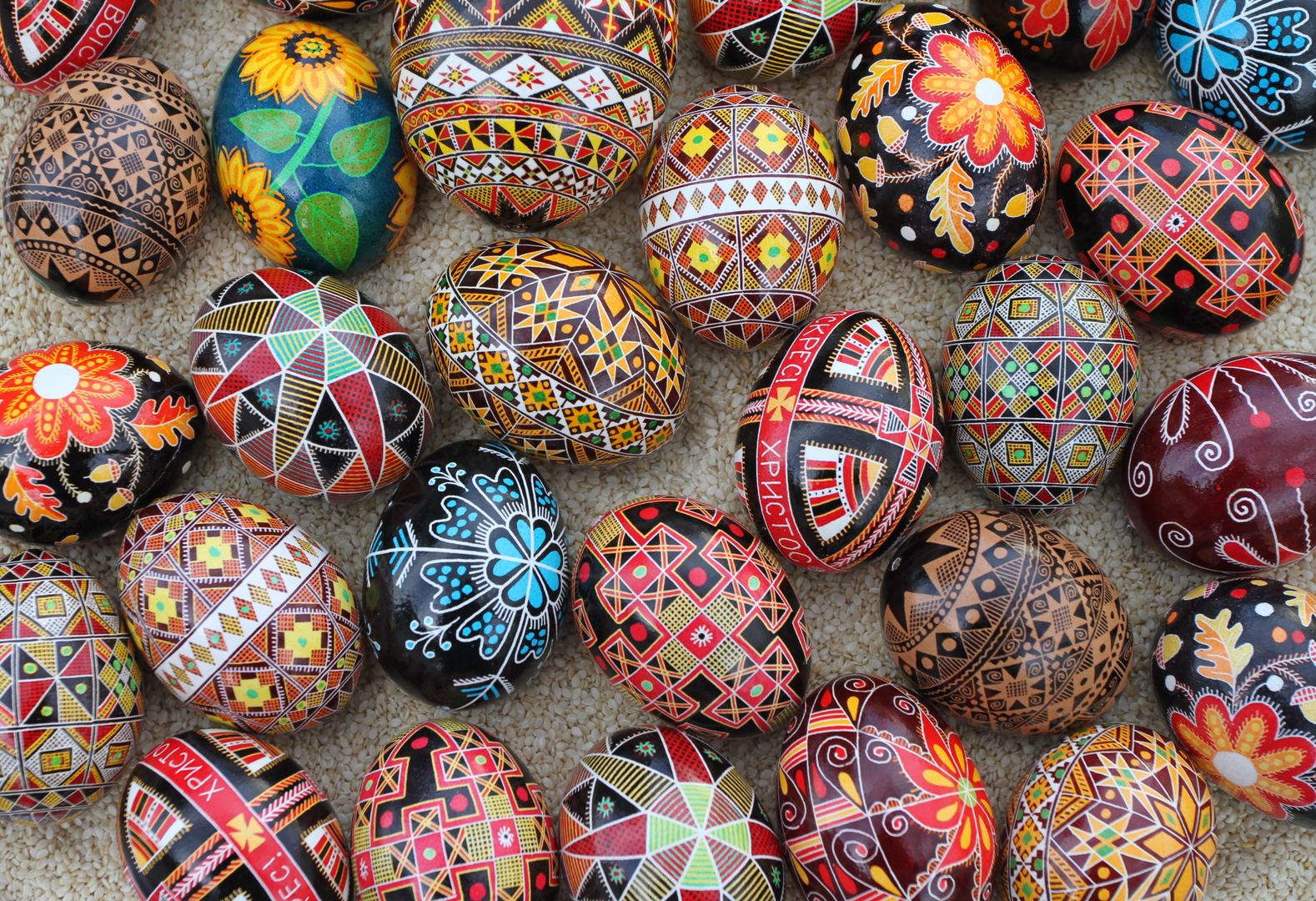 Traditional painted Easter eggs and spring decorations at a Prague market stall