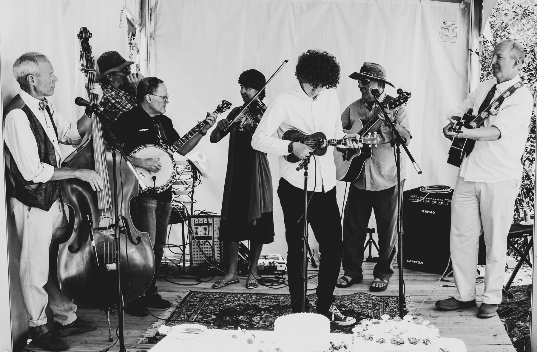 A traditional folk ensemble playing acoustic string instruments together during Prague Folklore Days