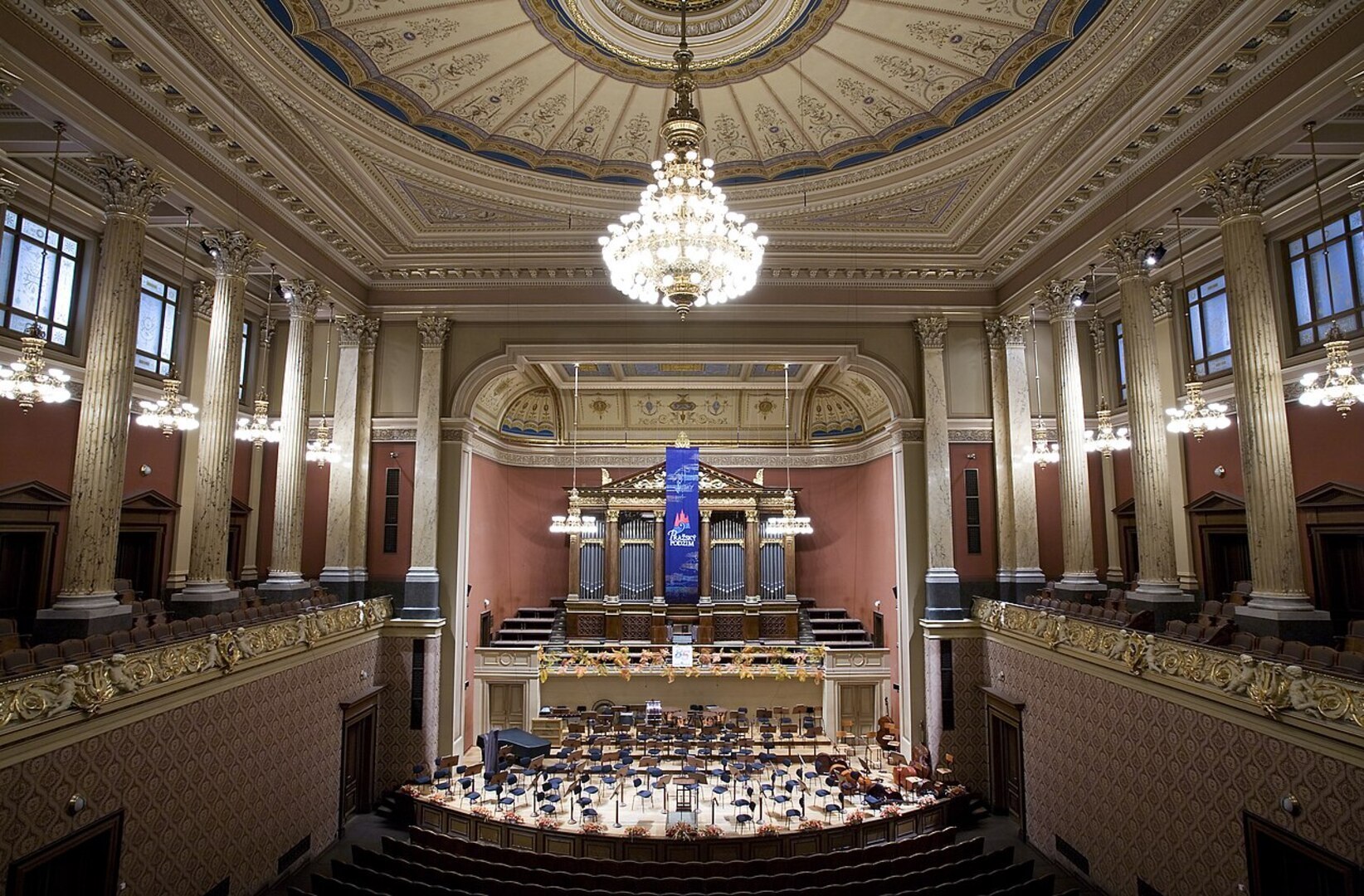 Interior of a Prague concert hall prepared for a Prague Spring Music Festival performance