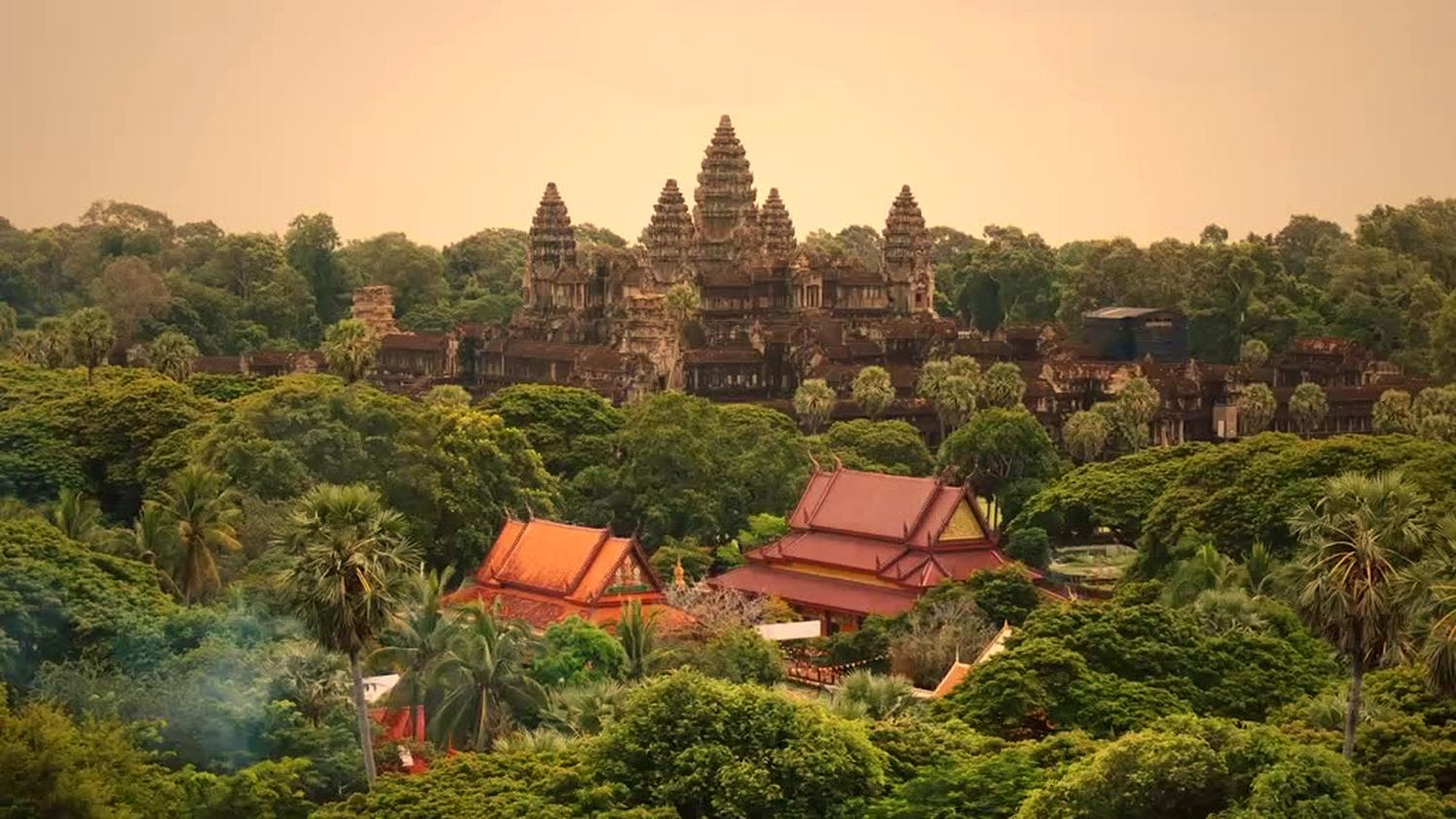 Golden sunrise light over the five towers of Angkor Wat rising above the jungle canopy