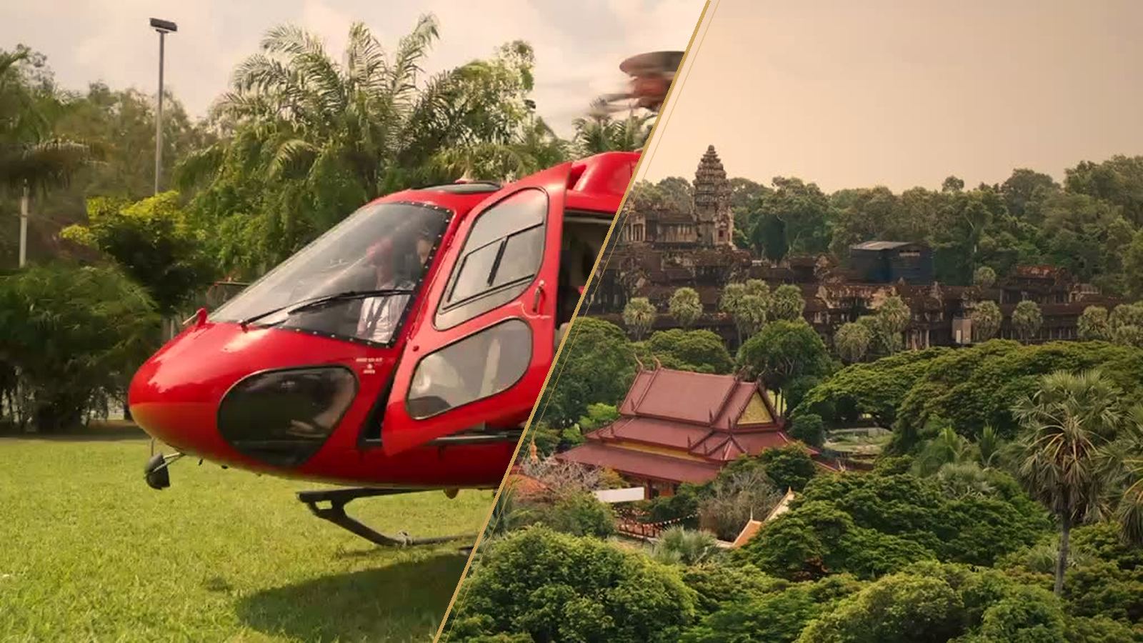 A private helicopter arriving at Angkor, split-screen with the temple towers beyond