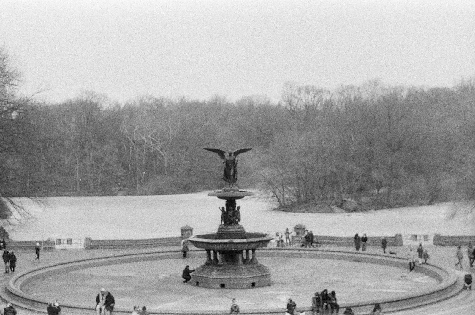 Bethesda Terrace fountain overlooking the frozen Lake in Central Park