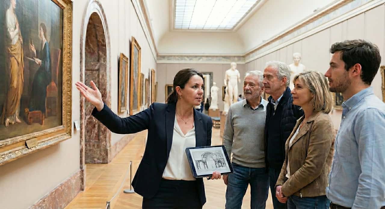 A small group with their guide at the Louvre