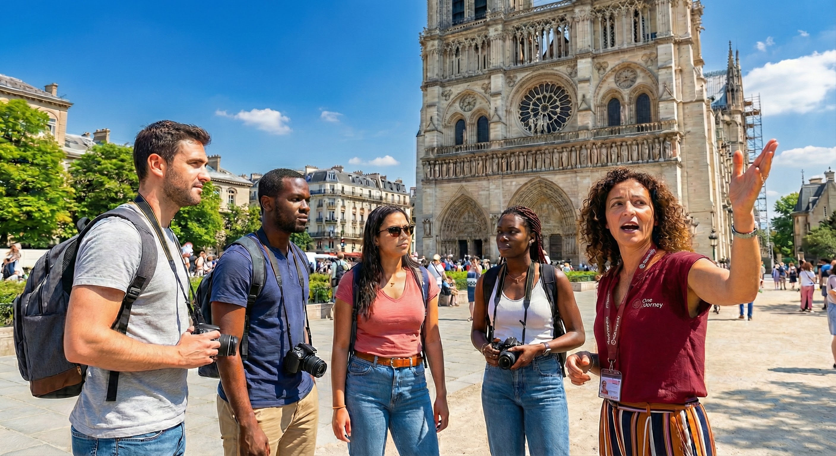 Notre Dame Cathedral exterior tour group with guide