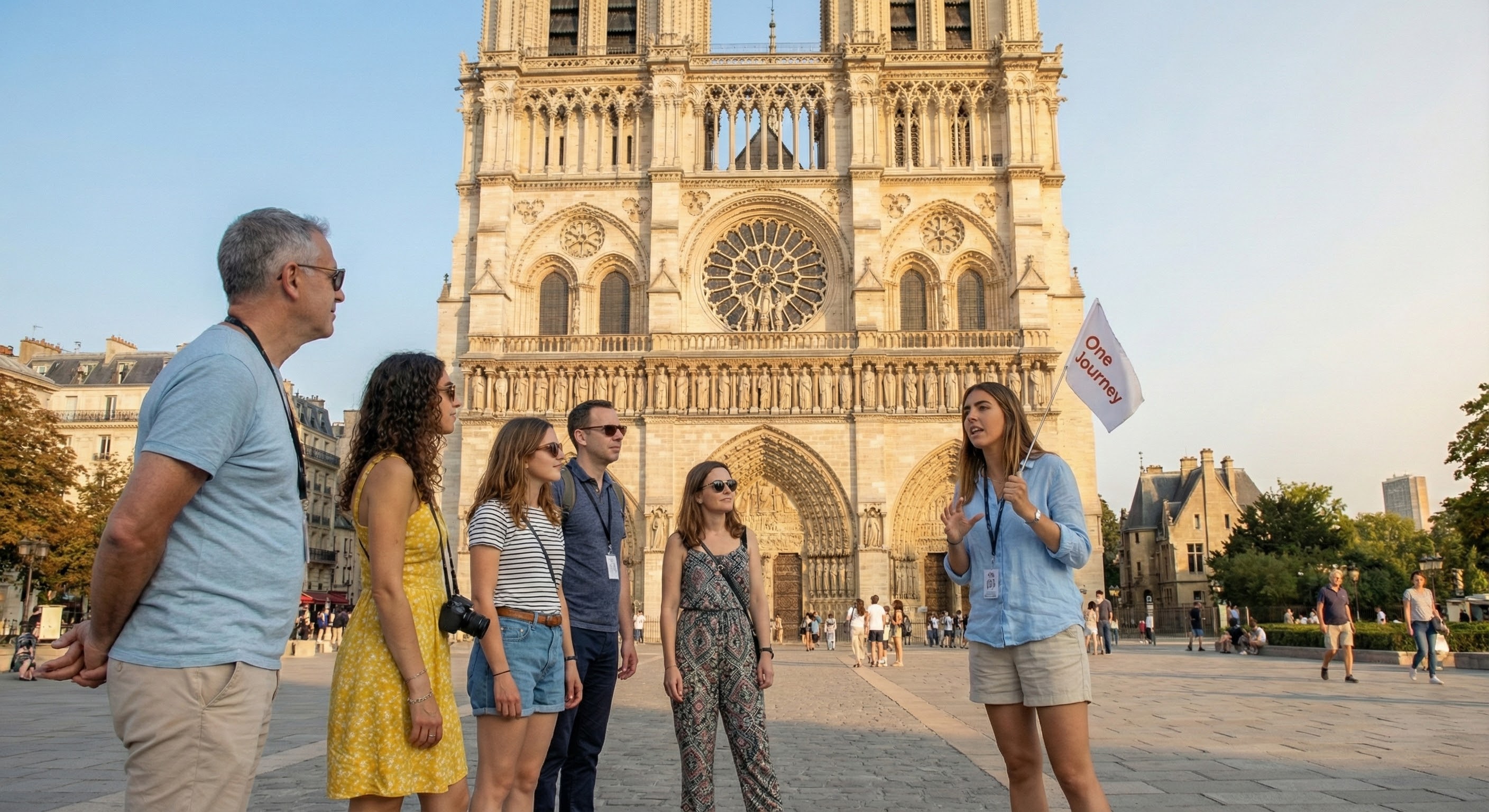 Notre Dame Cathedral exterior with guide explaining Gothic architecture