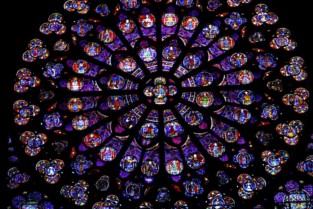 Notre Dame Cathedral's famous rose window with vibrant stained glass