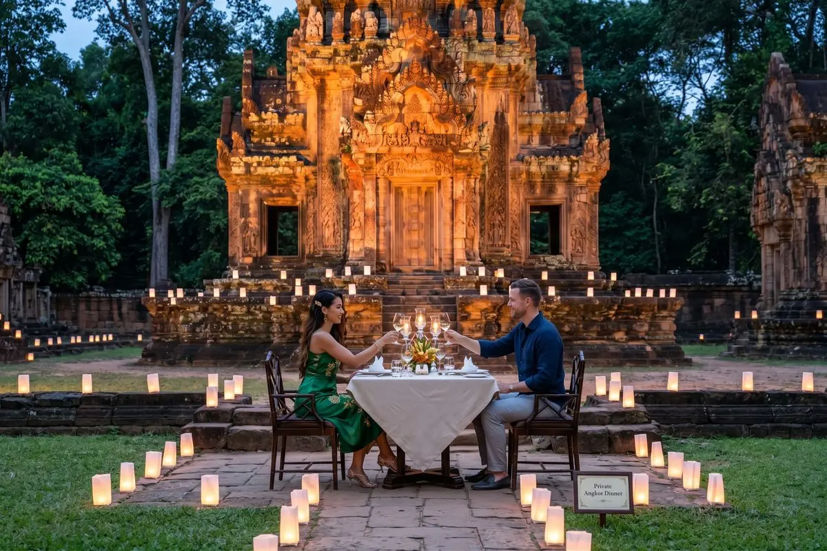 Private torch-lit dinner before the temple